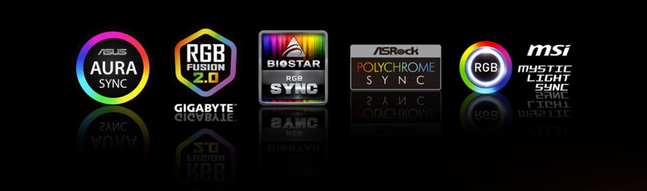 Icons of ASUS Aura Sync, GIGABYTE RGB Fusion 2.0, MSI Mystic Light Sync, and ASROCK-Polychrome Sync are displayed.